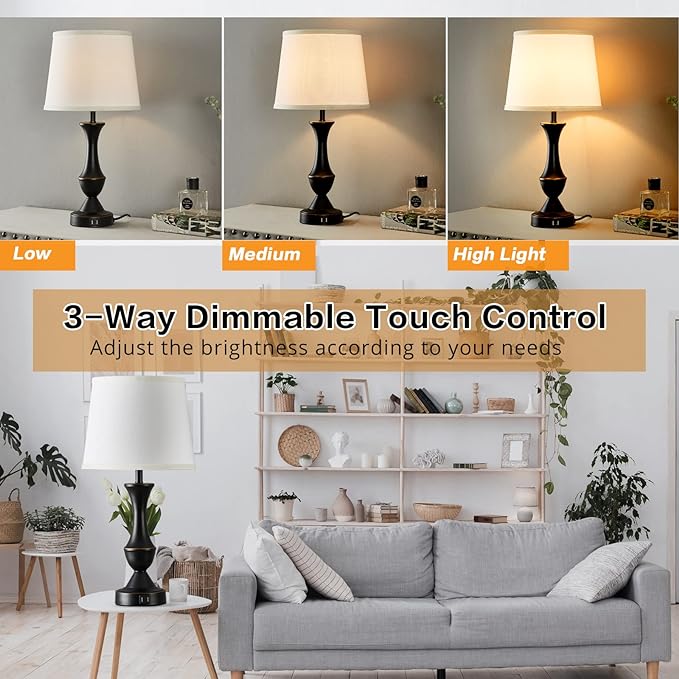 Touch Table Lamps Set of 2, 22" Tall Bedside Lamps with USB C+A Ports, 3-Way Dimmable Nightstand lamps, Table lamp for Bedrooms, Living Room, Office, Black Lamp with White Lampshade, Bulbs Included