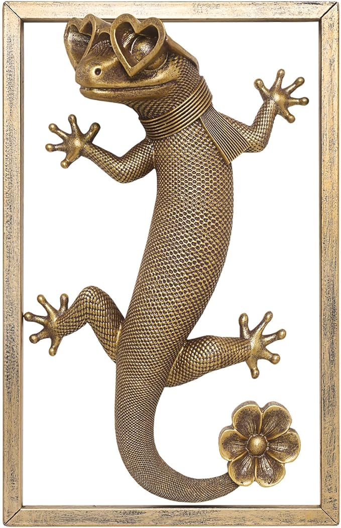 Animal Heads Wall Decor (Includes Metal Frame) Resin Animals Sculptures Head Wall Hanging Decoration Gold vintage Wall Sculpture for Living Room Bedroom Office(Lizard)