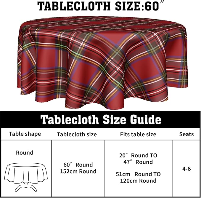 Christmas Round Tablecloth 60 Inch Red Buffalo Plaid Tablecover Merry Christmas Table Cloth Holiday Tablecloth for Home Kitchen Dining Room Party Dinner Picnic Decor