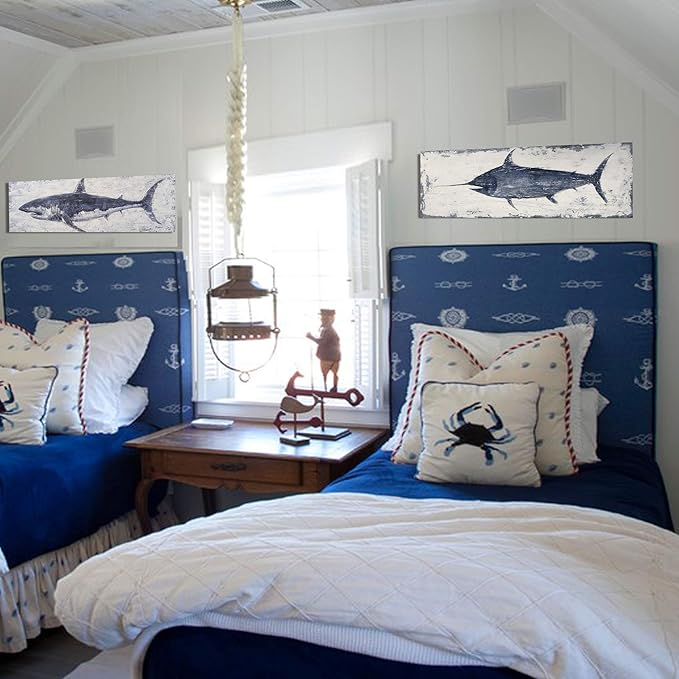 NdcSkyArt Vintage Style Swordfish Wall Art, Nautical Decor for Home & Office, Blue and White Coastal Painting