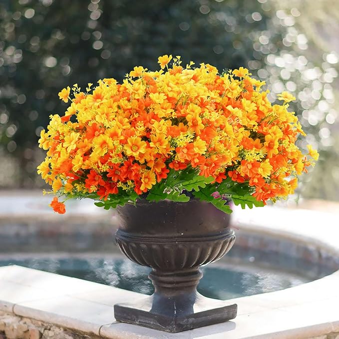 Uieke 24 Bundles Artificial Fall Flowers for Outdoors Fake Daisy Mums Flowers UV Resistant Autumn Flowers No Fade Indoor Outside Home Wedding Garden Porch Fall Décor (Orange Yellow)