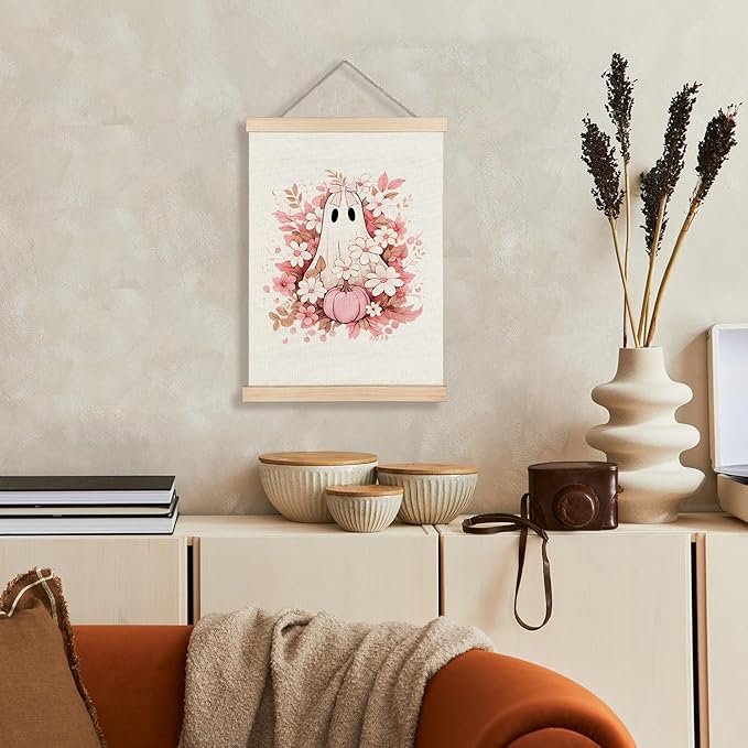 Supwhd Fall Floral Halloween Ghost Wall Art with Wooden Poster Hanger, Pink Bow Ghost Coquette Wall Decor, Coquette Preppy Room Decor, Halloween Pictures Wall Decor, 12x16