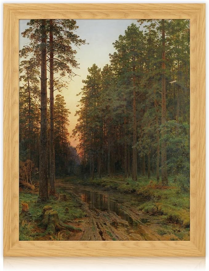 Brivoria Framed Canvas Wall Art Vintage Decor, Majestic Autumn Forest Landscape with Pine Trees, Sunset Shadows and Golden Reflections for Living Room Bedroom Fireplace or Gallery Display, 16"x20"