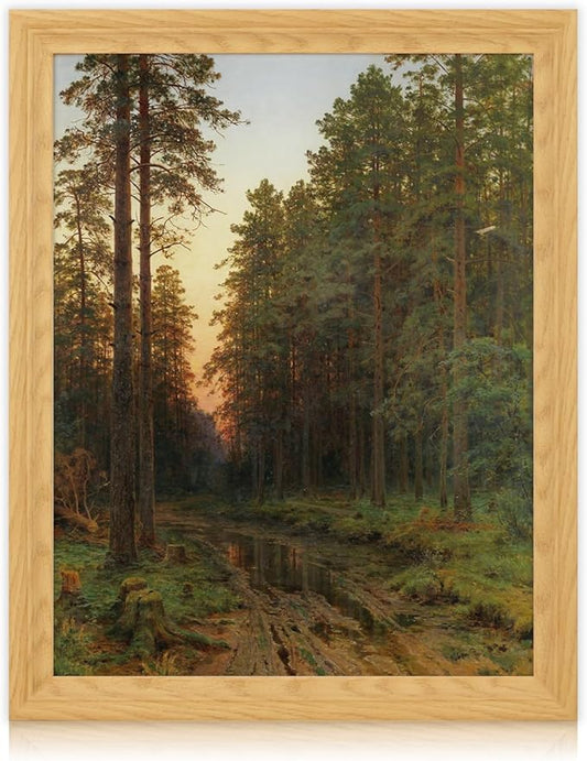 Brivoria Framed Canvas Wall Art Vintage Decor, Majestic Autumn Forest Landscape with Pine Trees, Sunset Shadows and Golden Reflections for Living Room Bedroom Fireplace or Gallery Display, 16"x20"