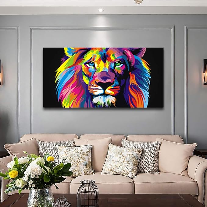 Animal Lion Pictures Wall Decor Art for Bedroom,Colorful Lion Canvas Wall Art Paintings for Living Room,Artwork Stretched and Ready to Hang,Size 24x48inches.
