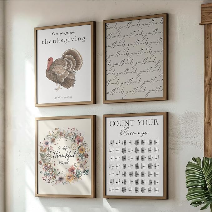 JXREQ Thankful Grateful Blessed Wall Decor Posters, Turkey Decorations for Thanksgiving Kitchen Bedroom Living Room Unframed, Count Your Blessings Wall Art Prints, 8x10 Inch 4Pcs