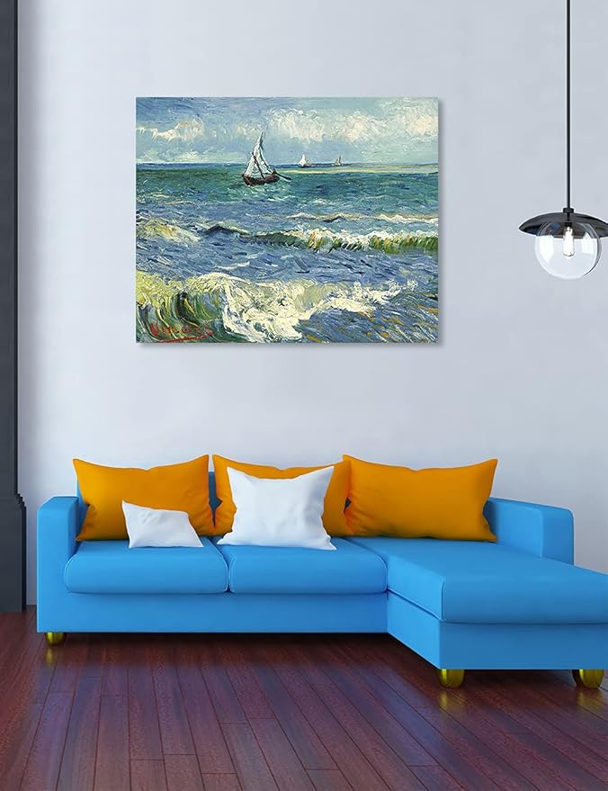 DECORARTS - The Sea at Les Saintes-Maries-de-la-Mer, Vincent Van Gogh Art Reproduction. Giclee Print on Canvas. Wall Art for Home. 40x32