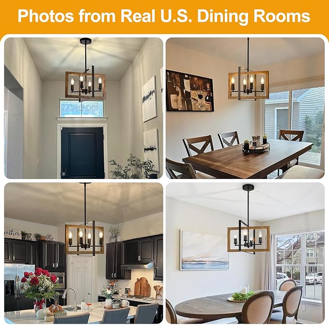 17" Farmhouse Wood Chandelier, (4-Light, 17-Inch), Rustic Dining Room Light Fixtures Over Table, Adjustable Hanging Light Fixture for Kitchen, Living Room, Foyer, Entryway