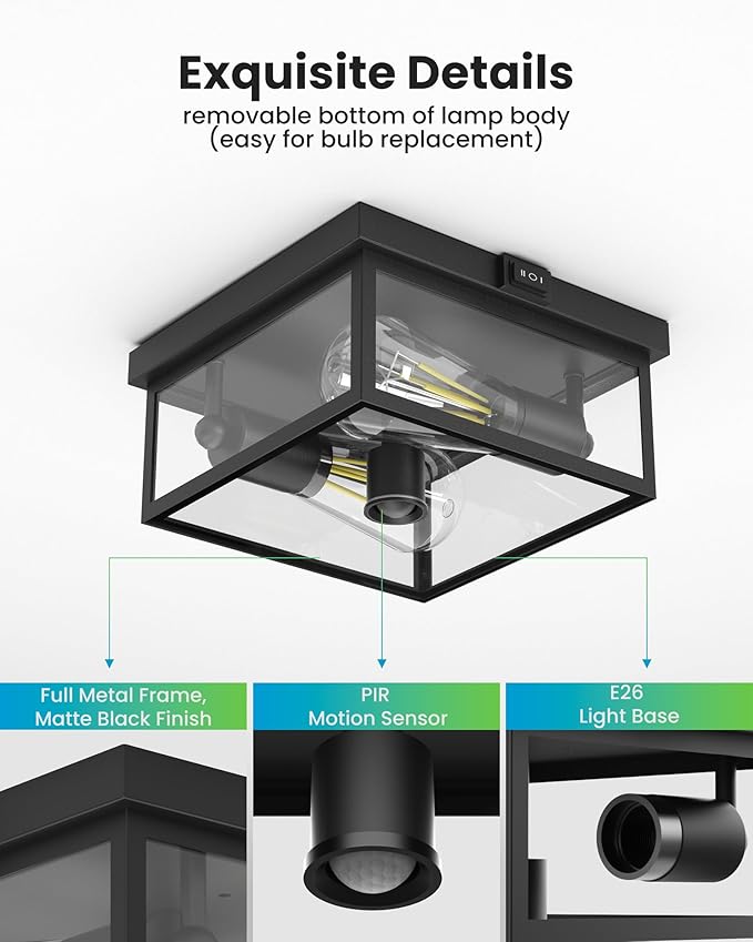 Outdoor Ceiling Light with Motion Sensor, Flush Mount Porch Light, Exterior Light Fixture with Clear Glass, Dusk to Dawn 2-Light Fixture for Patio,Porch (10.5 in)