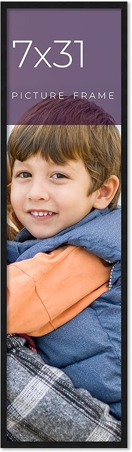 7x31 Frame Black Real Wood Picture Frame Width 0.75 Inches | Interior Frame Depth 0.5 Inches | Noir Classique Mid Century Photo Frame Complete with UV Acrylic, Foam Board Backing & Hanging Hardware