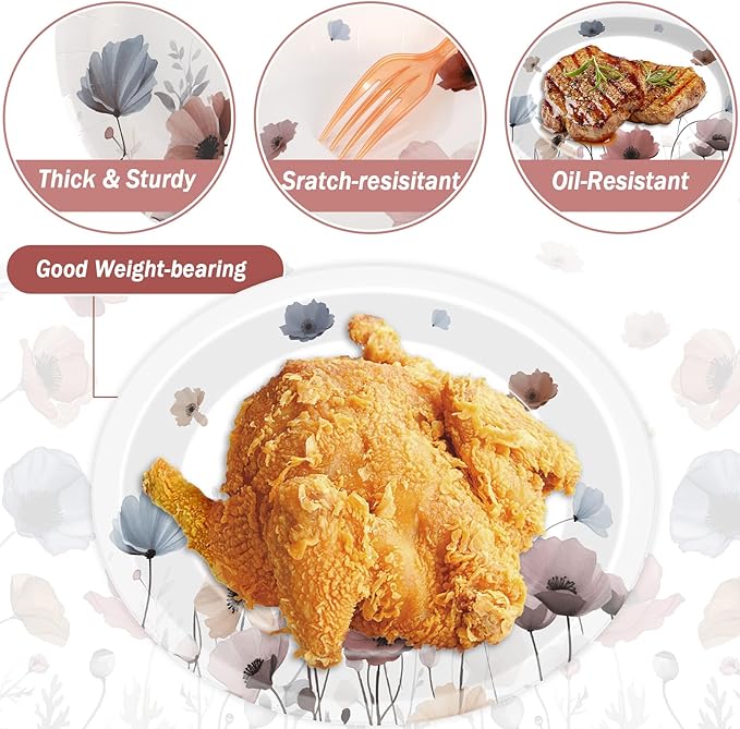 Fall Brown Poppy Floral Leaves Party Supplies Oval Paper Plates 11inch Large Seasonal Autumn Plates and Napkins Watercolor Floral Leaf Party Decoration Favor Dish Tray Birthday Tableware, 25 Guest