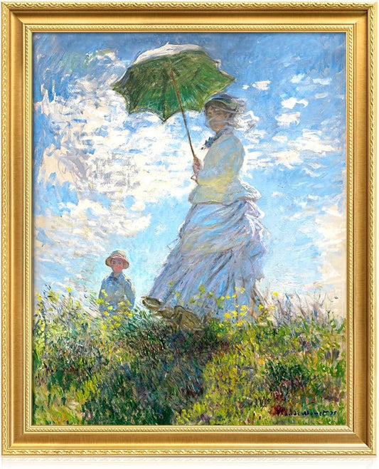 DECORARTS - Claude Monet Woman With A Parasol Giclee Print with Gold Solid Wood Frame, Impressionist Large Framed Wall Art, Ready to Hang, Framed Size 28.75x34.75, Made in USA