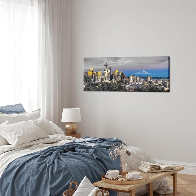 Fochorlo Seattle Wall Art City Skyline Picture Black and White Blue Wall Decor For Bedroom Living Room Office Gallery Wrapped 20"x48"