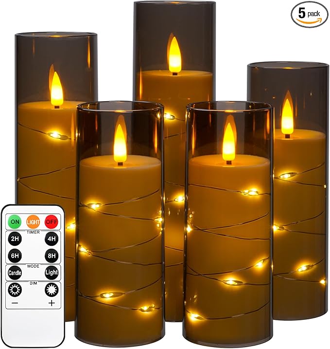 Flameless Candle Light, Battery Candle with recessed String Light, 5 flameless Candles with 11-Key Remote Control, 24-Hour Timer Function, Dancing Flame, (no Battery)