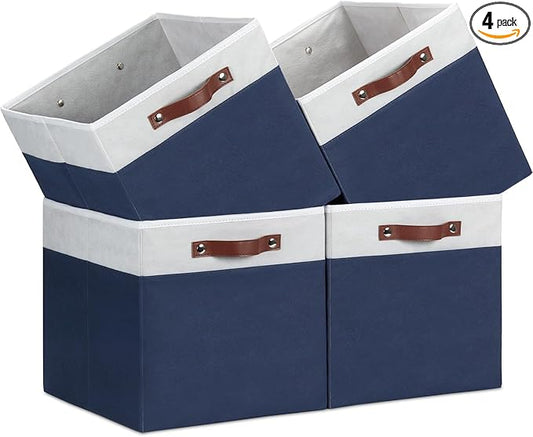 Temary Cube Storage Bins 4Pack Foldable Cube Baskets for Clothes Shelf Storage Basket with Handles, Storage Box Fabric Storage Organizer Bins for Home (White&Blue, 13x15x13 Inch)