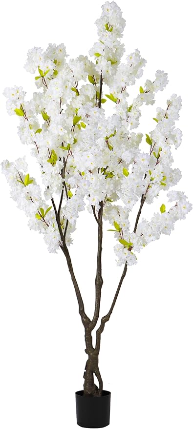 Artificial White Cherry Blossom Tree 6ft(72in) Faux White Flower Tree Indoor Decor Handmade Natural Fake Cherry Tree for Wedding Realistic Cherry Blossom Plant in Pot for Home,Living Room,Office Decor