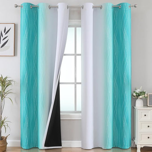 Estelar Textiler Teal and Greyish White Room Darkening Blackout Curtains 84 Inches Long for Living Room, Thermal Insulated Ombre Light Blocking Grommet Blackout Drapes for Bedroom, 42Wx84L, 2 Panels