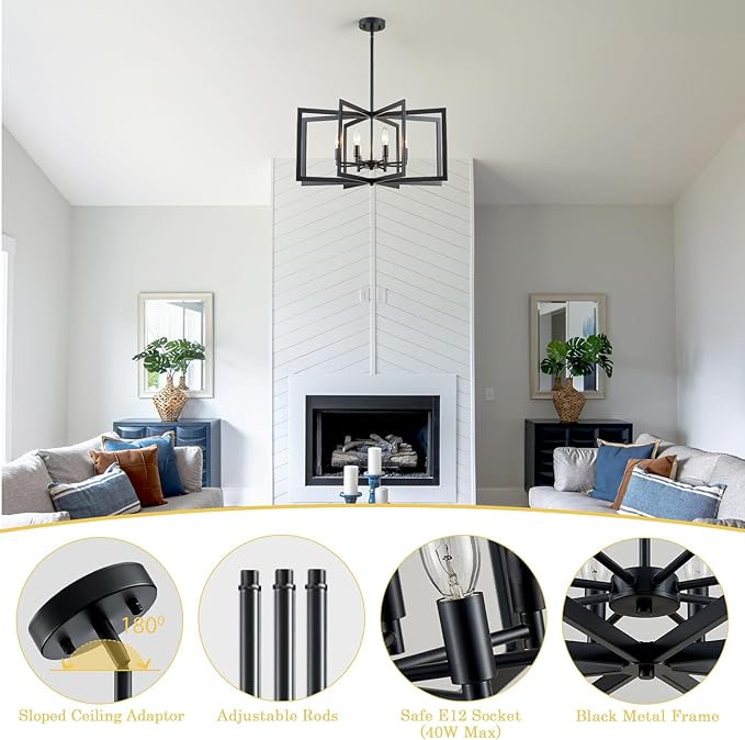 26'' Black Chandelier, Modern Farmhouse 8-Light Pendant Lighting Fixture for Dining Living Room Kitchen Entryway, Geometric Metal Large Adjustable Hanging Chandelier Lamp