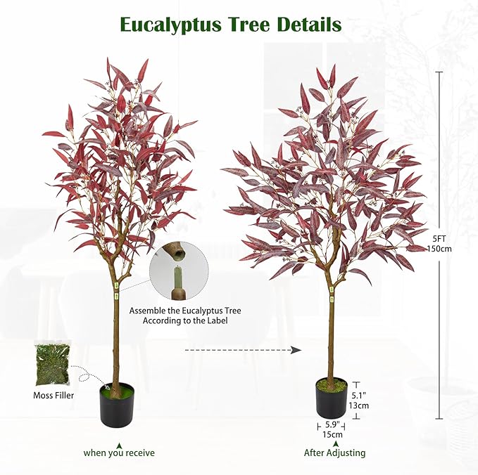 Briful 5ft Artificial Eucalyptus Tree in Black Pot, Realistic Silk Potted Floor Plant Eucalyptus Plant for Home Decor Indoor Outdoor Patio Office, Burgundy Leaf