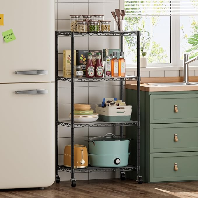 SINGAYE 4 Shelves Storage Shelf Wire Closet Bathroom Organizers Metal Pantry Kitchen Garage Shelving Unit Laundry Room Organization Home Rack Net Basket Black with Wheels