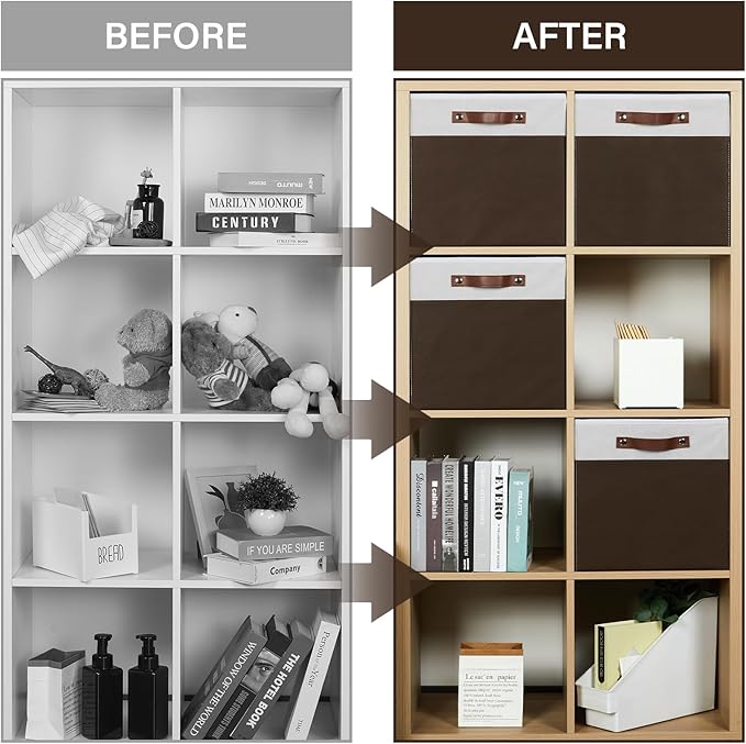 Temary Foldable Cube Baskets 4Pack - Shelf Storage Bins with Handles, Fabric Storage Organizer for Clothes, Home (White&Brown, 13x15x13 Inch)