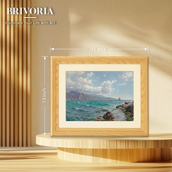 Brivoria Framed Canvas Wall Art Vintage Decor, Realistic Coastal Scene with Sailing Boats Rocky Coast and Blue Green Ocean Canvas Print with Mat for Entryway Living Room or Hallway Display 13x16