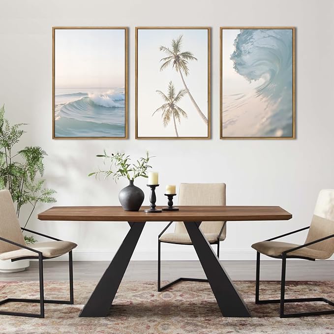 ANHUIB Large Seascape Wall Art Ocean Waves Paintings Coconunt Tree Wall Decor Coastal Art Print 16x24 Inch Set of 3 for Living Room Bedroom Office