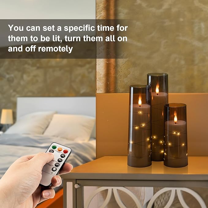 Raycare Flameless LED Candles with Embedded Star String, 5 Pcs Battery Operated Acrylic Pillar Candles with Timer and Remote, Flickering for Romantic Ambiance and Home Decoration(Grey)