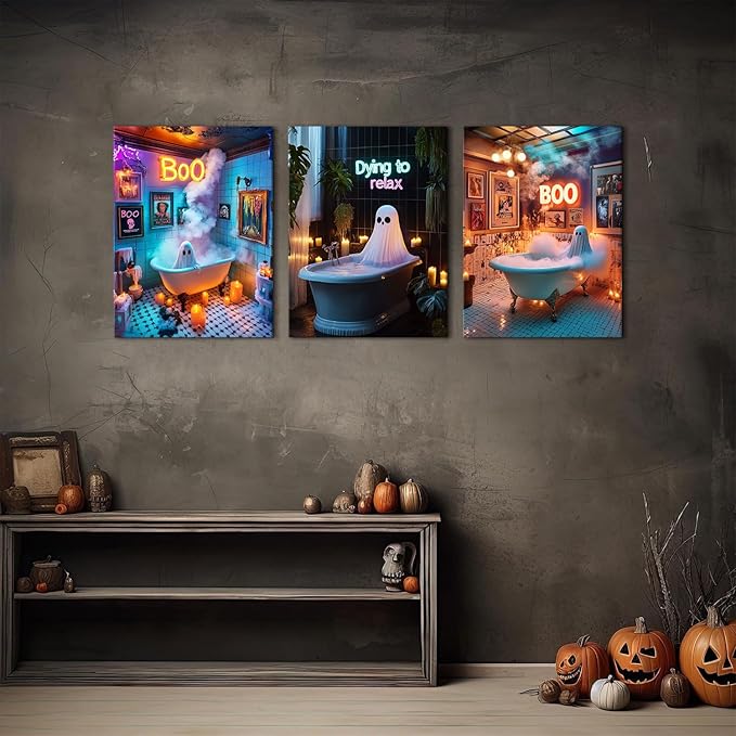 Halloween Bathroom Decor Funny Ghost Wall Art Funny Ghosts in Bathtub Pictures for Bathroom Fall Party Theme Paintings Spooky Humor Posters Artwork for Living Room Holiday Home Decoration 12x16" 3Pcs