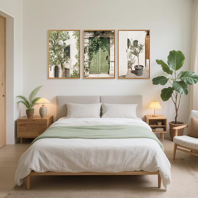 CHDITB Vintage Italy City Landscape Framed Canvas Wall Art Set, Mediterranean Door Wall Decor, Olive Green Cityscape Painting, Tree Old House Italian Art Print For Living Room Bedroom Office 16"x24"x3