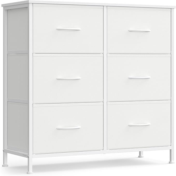 SONGMICS Dresser for Bedroom, Chest of Drawers, TV Stand, Steel, MDF, 6 Non-Woven Fabric Drawers, Storage Organizer Unit, Closet, Entryway, Cloud White and Snow White ULGS123W01S