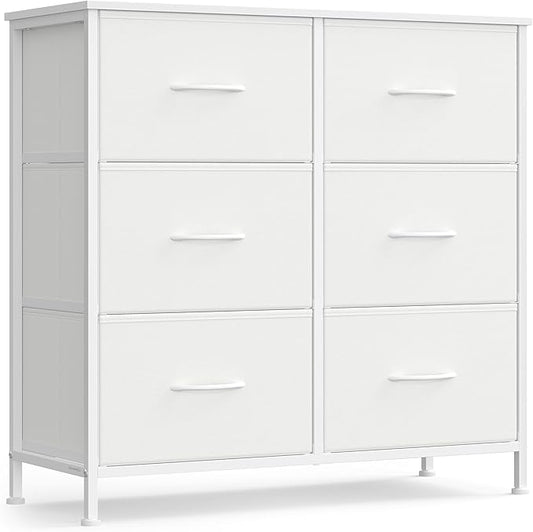 SONGMICS Dresser for Bedroom, Chest of Drawers, TV Stand, Steel, MDF, 6 Non-Woven Fabric Drawers, Storage Organizer Unit, Closet, Entryway, Cloud White and Snow White ULGS123W01S