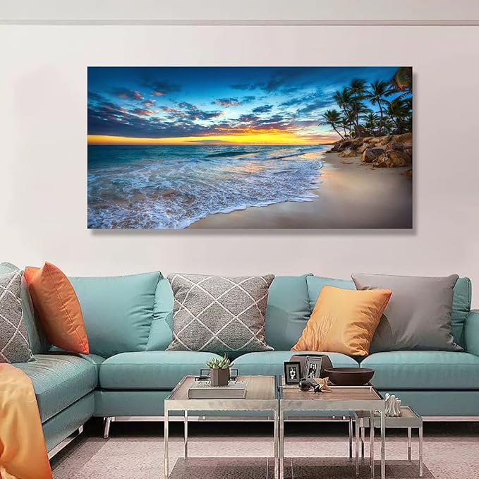 Beach Sunset Pictures Canvas Wall Art For Living Room Bedroom Wall Decor,Sunset Wall Art Print Paitnings for Home Decor,Morden Artwork Palm Coconut Tree Canvas Art Ready to Hang-20X40Inches