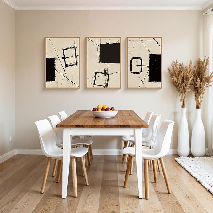 HOURIA Abstract Geometric Framed Canvas Wall Art Set,Black and Beige Brushstroke Wall Decor,Neutral Modern Wall Painting,Textured Line Drawing Art Prints for Living Room, Bedroom, Farmhouse-24 x36 x3