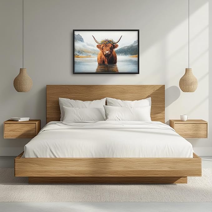 Framed Large Wall Art for Living Room, Highland Cow Canvas Wall Decor, Large Mountain Animal Pictures Framed Painting, Natural Landscape Artwork for Bedroom Office Home Decor 36L'' × 24W''