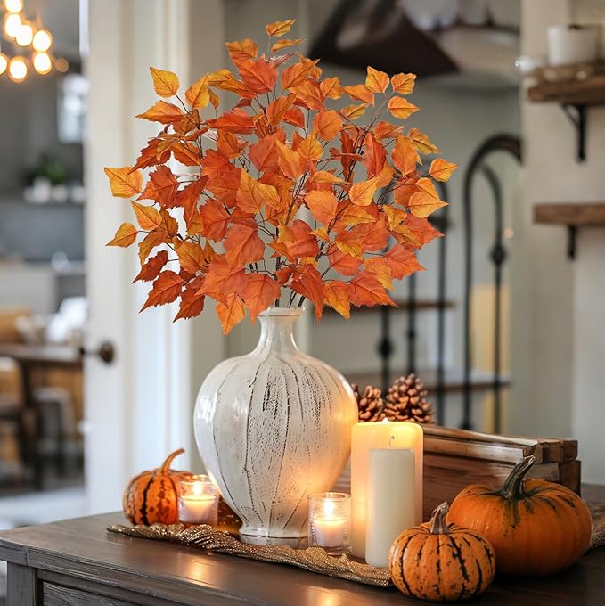 Hollyone 3Pcs Fall Artificial Birch Leaves with Stems 33" Silk Faux Autumn Leaf Branches Spray Fake Fall Leaves Decorations for Home Vase Florals Thanksgiving Table Centerpieces Indoor Decor