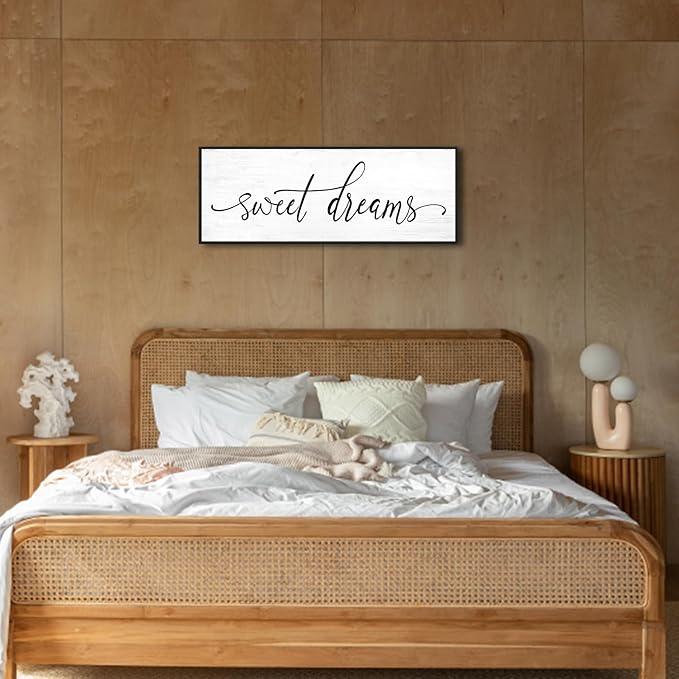 Sweet Dreams Wall Decor Above Bed: 32''×12'' Large Framed Bedroom Canvas Wall Art,Farmhouse Sweet Dreams Sign For Master Bedroom Guest Room Black Hanging Decorative Wall Sign
