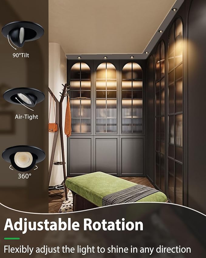 zouzai 5CCT LED Gimbal Led Recessed Light with Junction Box, 360°+90° Adjustable Directional Eyeball Lighting, Dimmable, 2700K/3000K/3500K/4000K/5000K,ETL&Energy Star (Black 1 Pack, 2 inch)