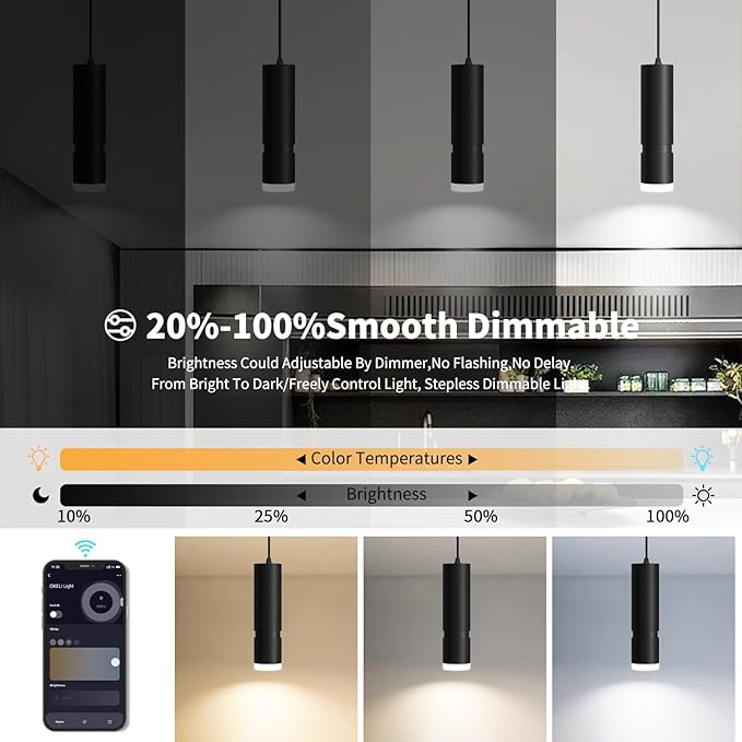 OKELI Pendant Light Smart, Modern Black Pendant Lights Fixture, Dimmable Unique LED Pendant Lighting for Kitchen Island,20W,2700-6000K, ETL(1Pack)