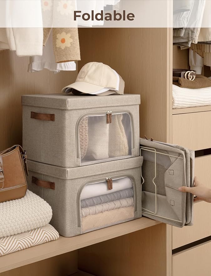 StorageWorks Storage Bins with Lids, Decorative Boxes with Clear Window for Clothes, Fabric Collapsible Baskets for Closet Organization, Medium, Brown, 3 Packs