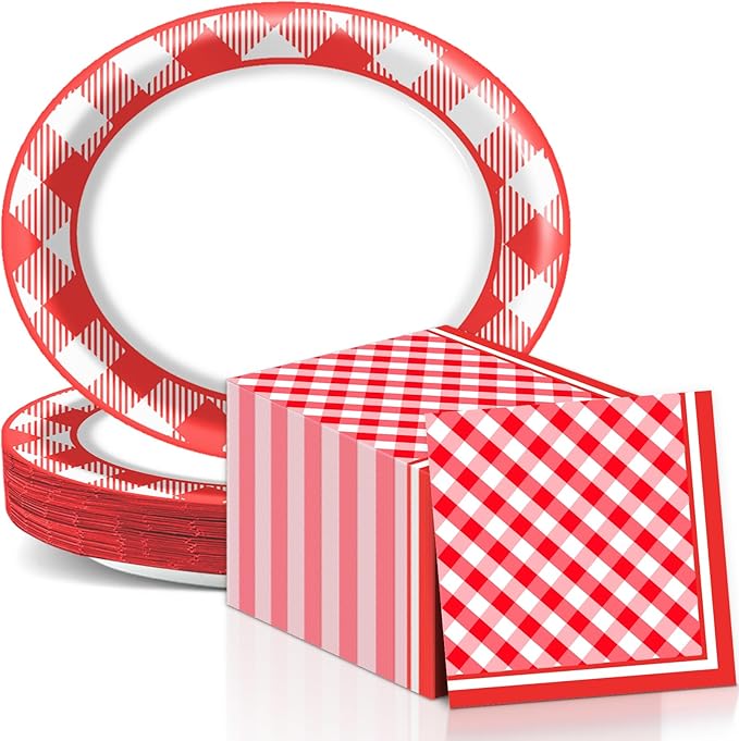 Gingham Oval Paper Plates 11inch Red and White Checkered Plates and Napkins, Dish Tray for BBQ Gathering Picnic Carnival Theme Party Supplies Holiday Baby Shower Birthday Tableware, 25 Guest