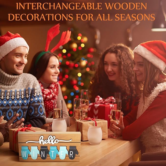 Roowest 5 Pcs Hello Fall Sign Interchangeable Seasonal Sign Spring Summer Winter Tiered Tray Decor 5.9 x 3 Inch Wooden 4 Seasons Farmhouse Table Centerpiece Decoration for Home Shelf Office(Simple)