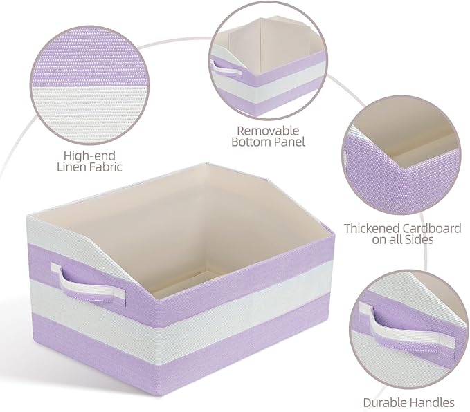 Linen Closet Organizers and Storage, Trapezoid Fabric Bins, Home Office Organization Baskets Striped Collapsible Box with Handles for Clothes, Blanket, Books, DVD, 4 Pack, Purple/White