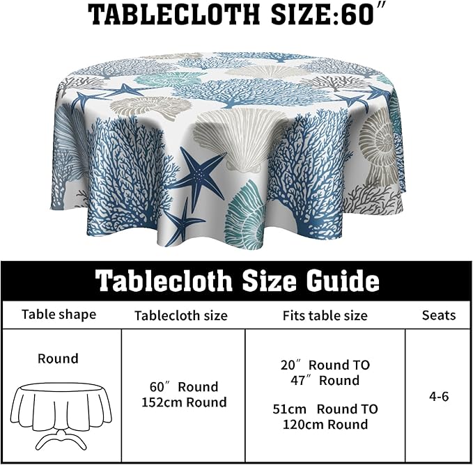 Kawani Nautical Coastal Tablecloth Round 60 Inch Seashell Beach Round Tablecloth 60 Inch Sea Ocean Summer Circle Tabletop Decor Sea Coral Table Covers for Home Kitchen Dinner Holiday Party Picnic