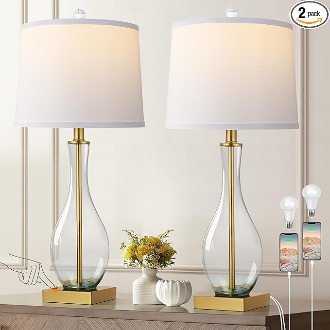 Table Lamps Set of 2 with Touch Control, 27" Bedside Desk Lamps for Nightstand Decorations, 3-Way Dimmable Modern Glass Table lamp with USB C and A Charging Ports, Gold (LED Bulbs Included)