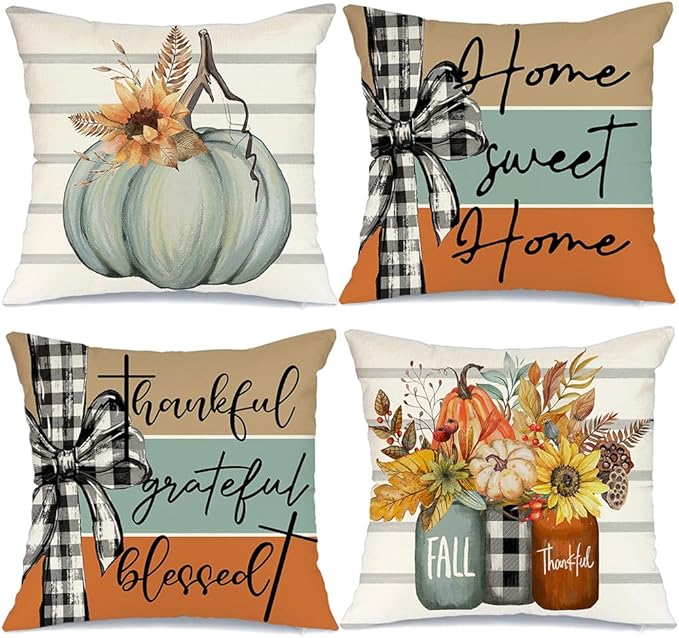 AACORS Fall Pillow Covers 20 x 20 Inch Set of 4, Pumpkin Home Sweet Home Thankful Grateful Blessed Harvest Floral Decorations Autumn Seasonal Pillow Case Decor for Sofa Couch AA275-20