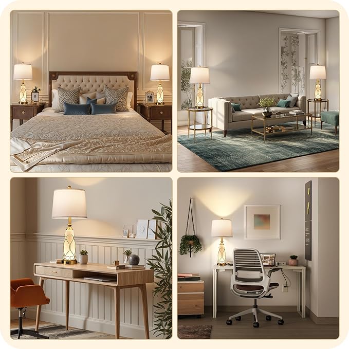 25.6" Glass Gold Table Lamps Set of 2, Tall Bedside Lamps with Nightlight, Modern Nightstand Lamp with USB Ports, Desk Lamp for Bedroom, Living Room, Office, LED Bulbs Included W02TL05