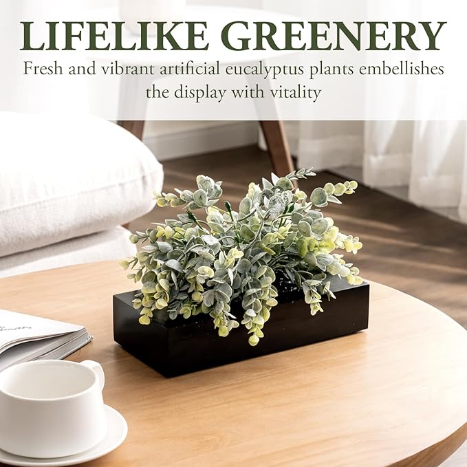 MyGift Artificial Eucalyptus Plant in Black Wood Decorative Planter Pot, Realistic Faux Indoor Greenery in Container for Tabletop Centerpiece Décor