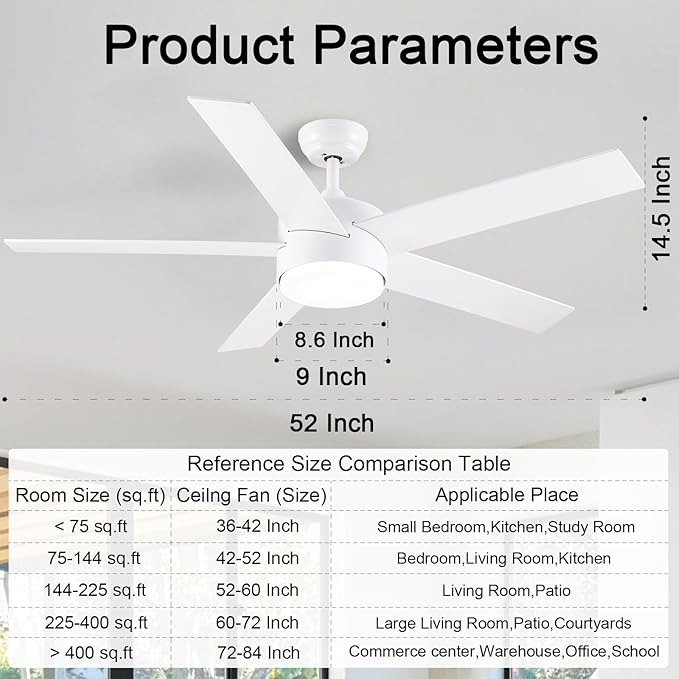52 inch White Ceiling Fans with Lights and Remote, Reversible 5 Blades Modern Ceiling Fan for Bedroom, Living Room, Dining Room, LED 3 CCT 6-Speed Noiseless, ETL Listed