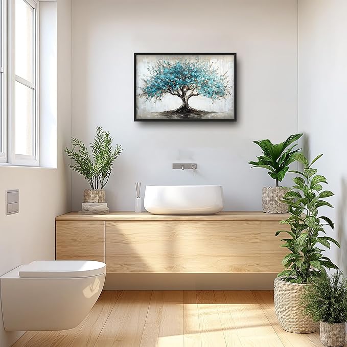 Flintis Large Tree of Life Framed Wall Art Teal Blue Tree Pictures Wall Decor Abstract Natural Landscape Canvas Painting Print Artworks Framed for Living Room Bathroom Master Bedroom 36L X 24W